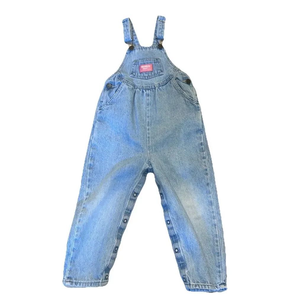 VTG OshKosh B’gosh Overalls 4T Pink Patch Snap Leg Blue Denim Bib Pants Toddler